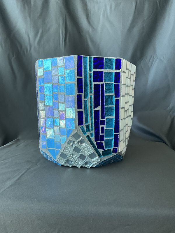 Tall octagonal mosaic vessel in cobalt, sapphire, mirror, and white glass tesserae
